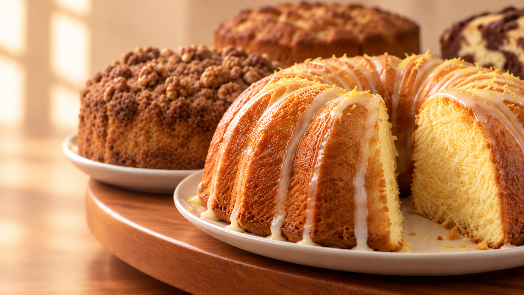 A beautifully arranged assortment of glazed and crumb-topped cakes
